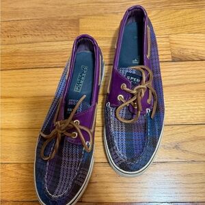 Sperry Purple and Navy Plaid Leather-Trim Boat Shoes